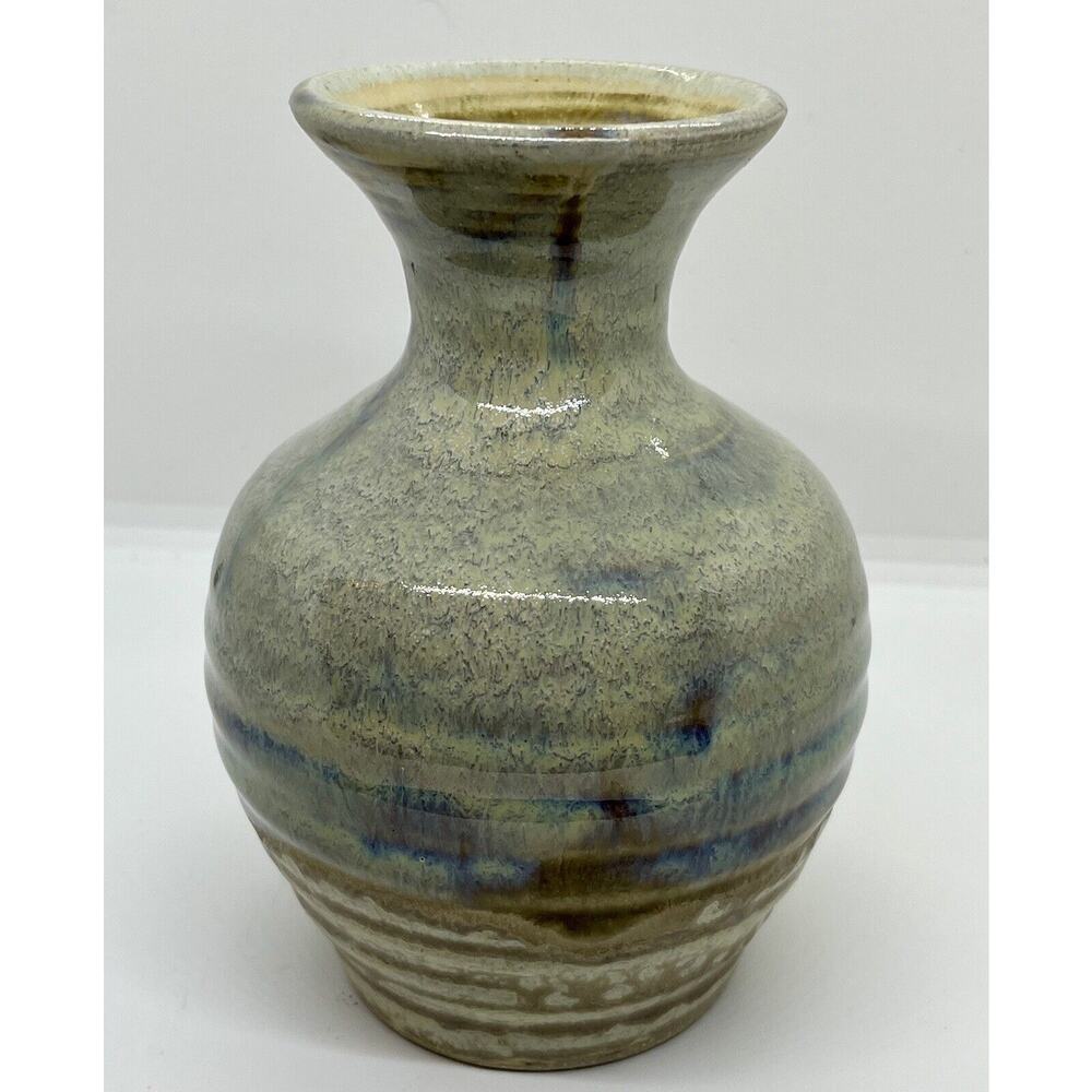 Studio Art Pottery Signed Glazed Vase Blue And Earthtones 6” X 4”